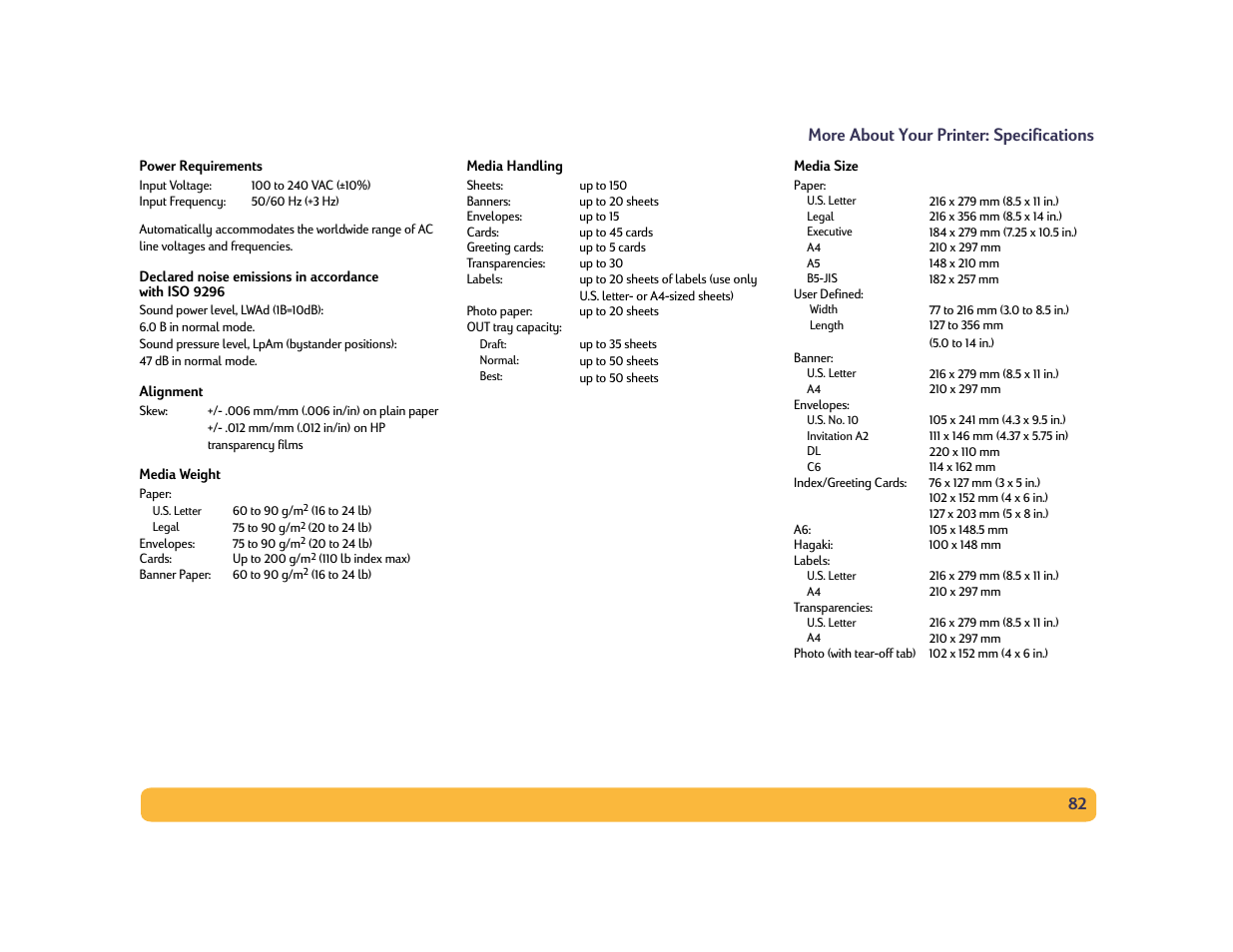 Ts and sizes, see “media weight” and “media size, E 82, 82 more about your printer: specifications | HP Deskjet 990cxi Printer User Manual | Page 82 / 102