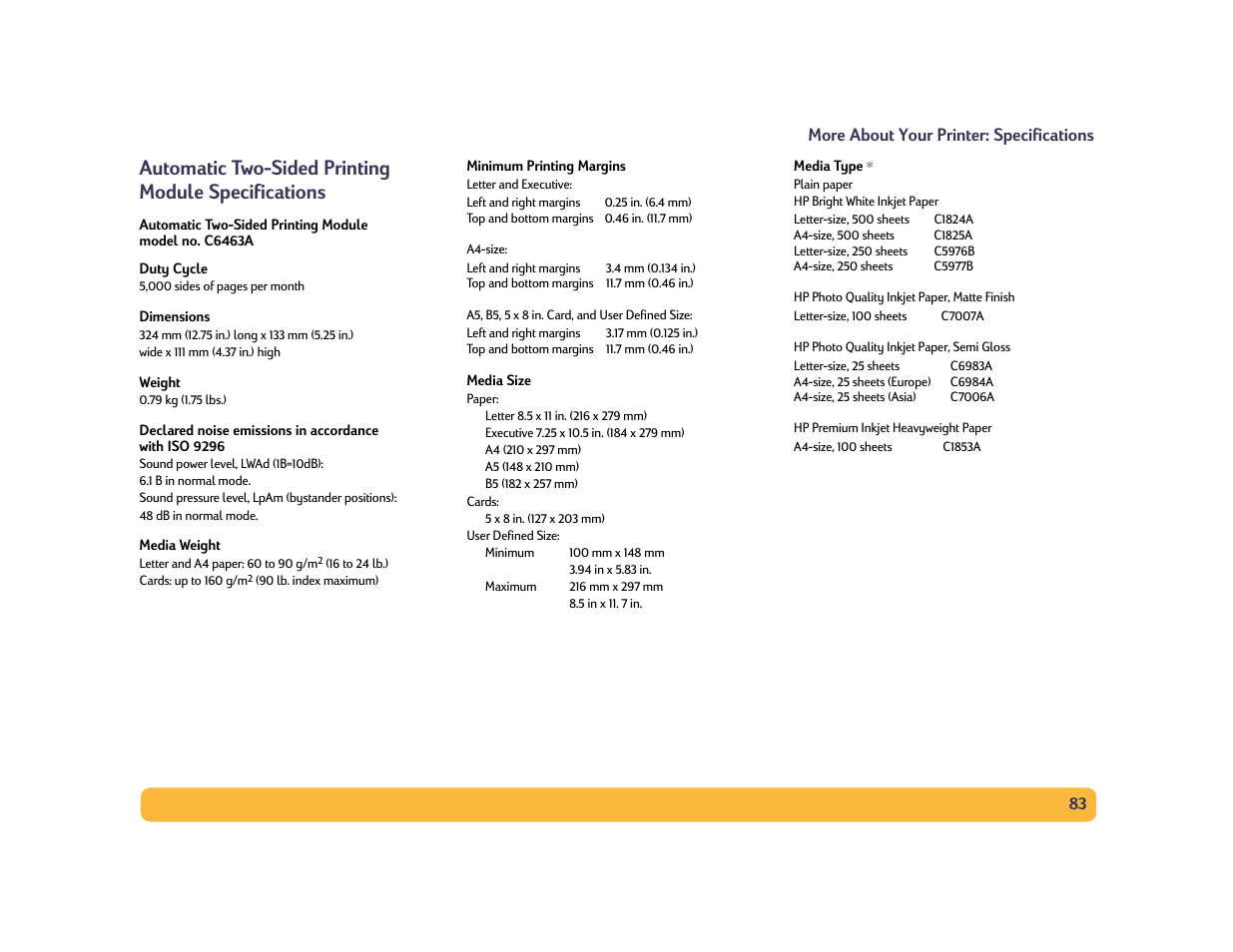 Automatic two-sided printing module specifications, 83 more about your printer: specifications | HP Deskjet 990cxi Printer User Manual | Page 83 / 102