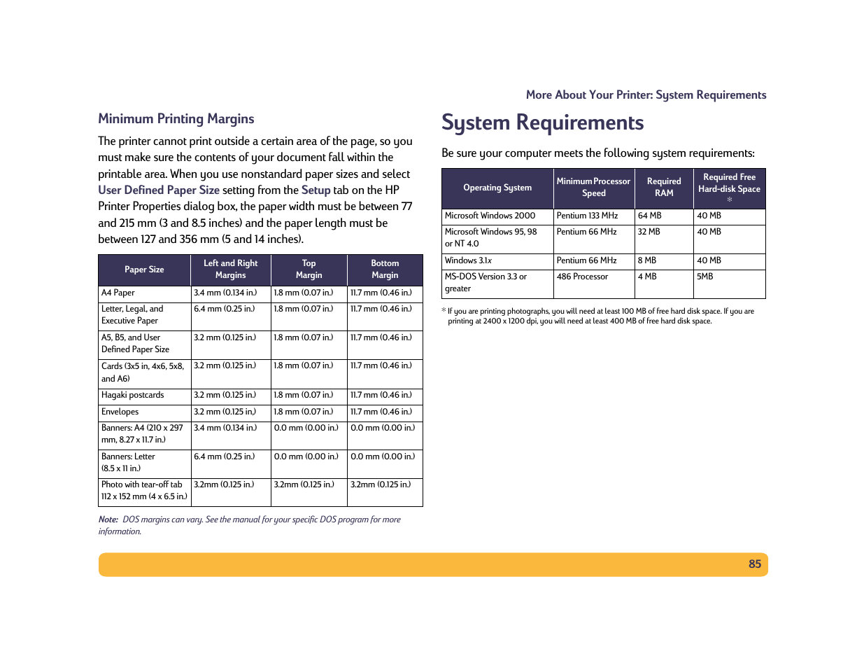 System requirements, Minimum printing margins | HP Deskjet 990cxi Printer User Manual | Page 85 / 102