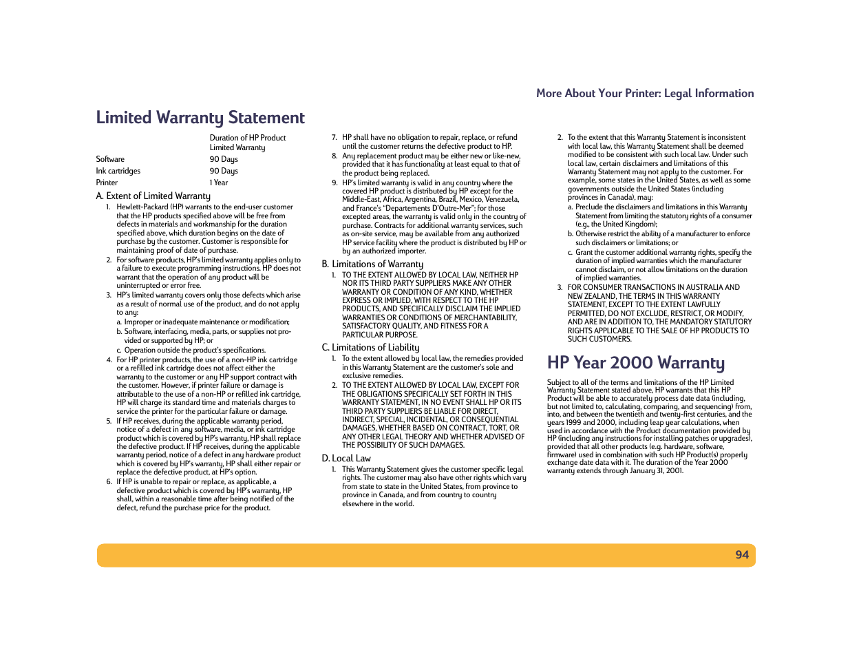 Limited warranty statement, Hp year 2000 warranty, 94 more about your printer: legal information | HP Deskjet 990cxi Printer User Manual | Page 94 / 102