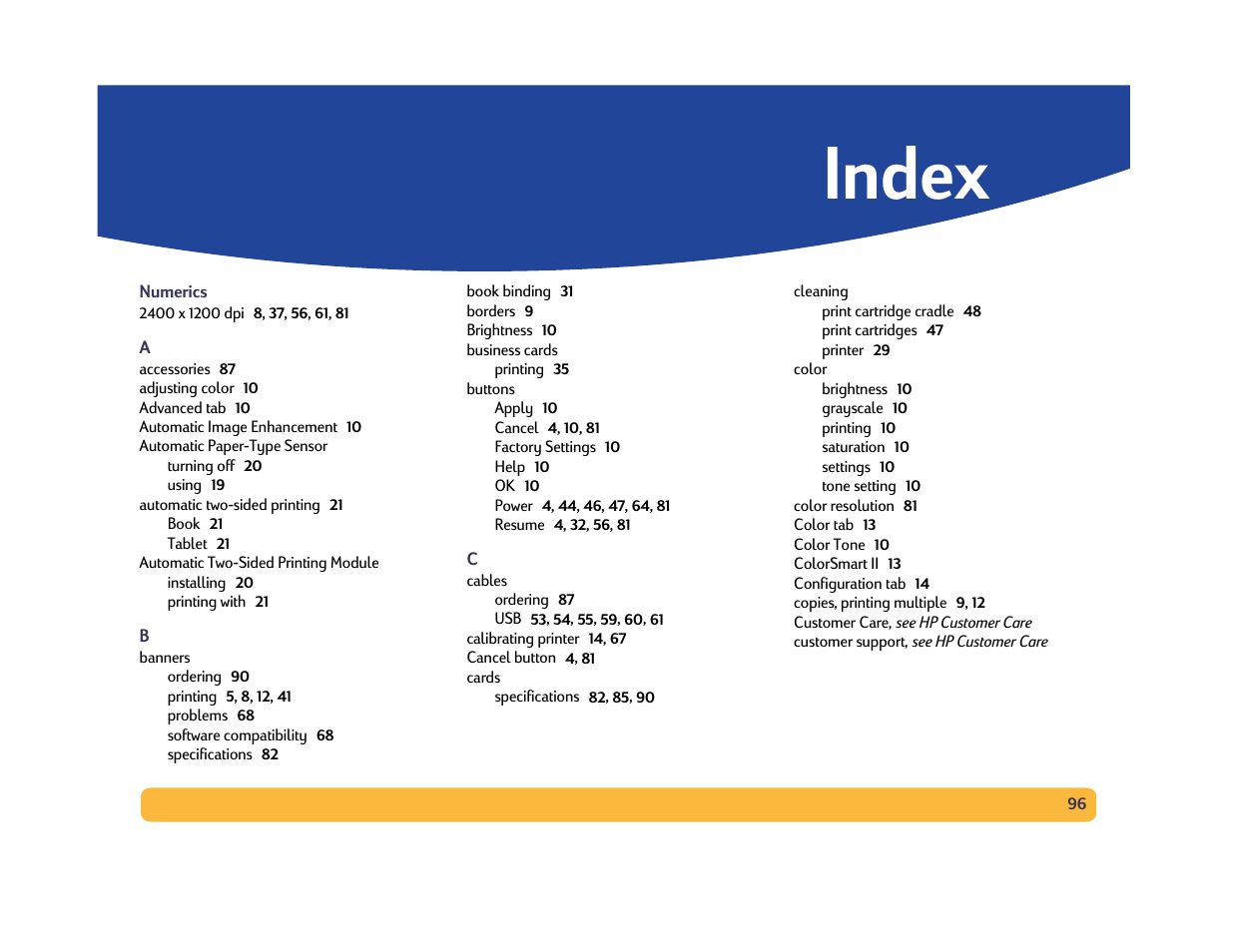 Index | HP Deskjet 990cxi Printer User Manual | Page 96 / 102