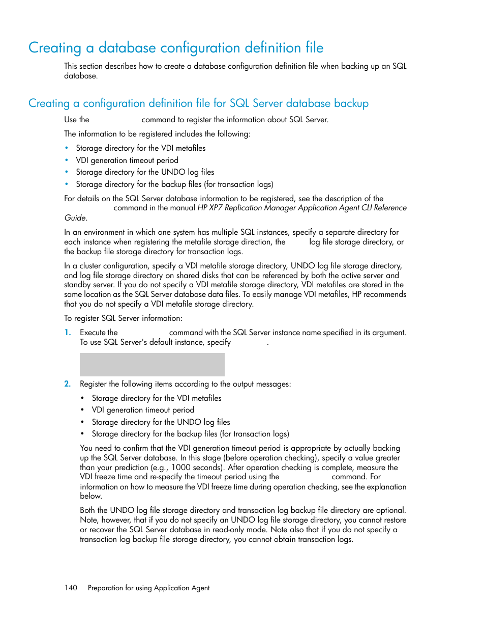 Creating a database configuration definition file, Creating a configuration definition file for, Sql server database backup | HP XP Array Manager Software User Manual | Page 140 / 564