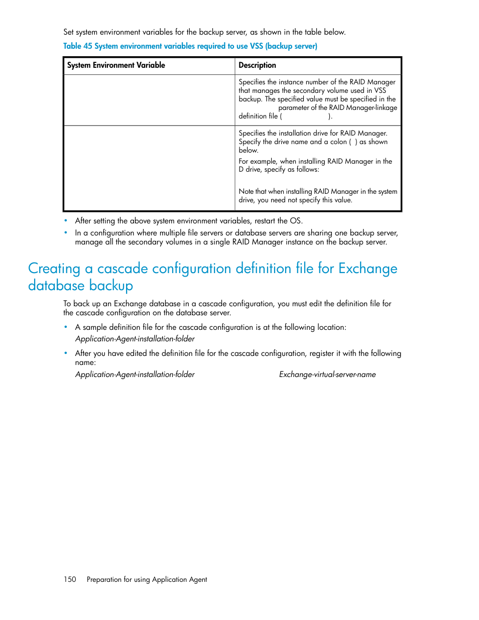 Creating a cascade configuration definition file, For exchange database backup | HP XP Array Manager Software User Manual | Page 150 / 564