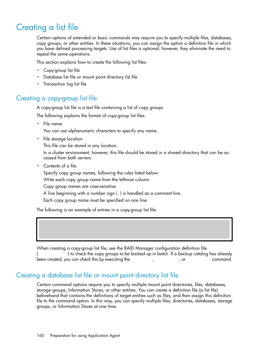Creating a list file, Creating a copy-group list file | HP XP Array Manager Software User Manual | Page 160 / 564
