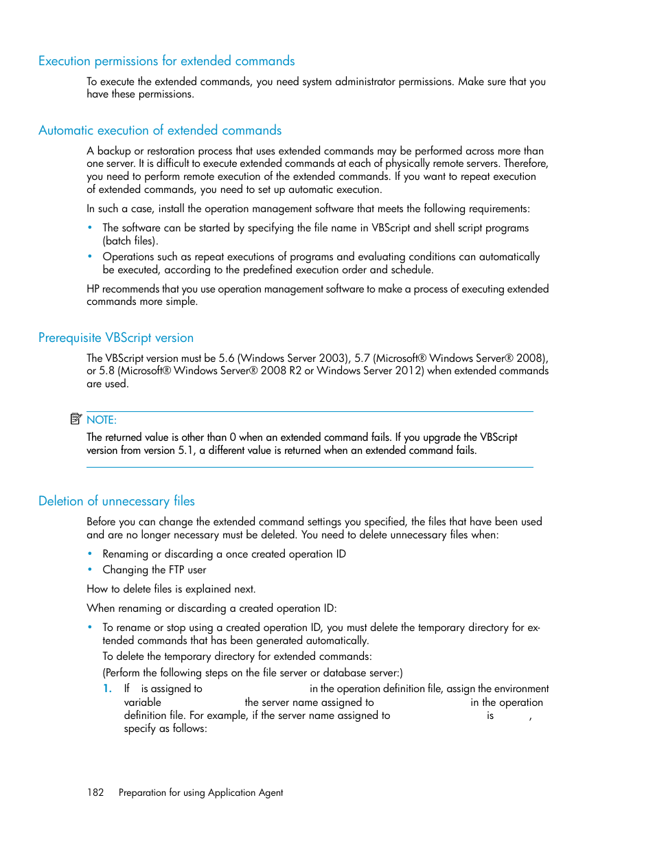 Execution permissions for extended commands, Automatic execution of extended commands, Prerequisite vbscript version | Deletion of unnecessary files, 182 automatic execution of extended commands, 182 prerequisite vbscript version, 182 deletion of unnecessary files | HP XP Array Manager Software User Manual | Page 182 / 564