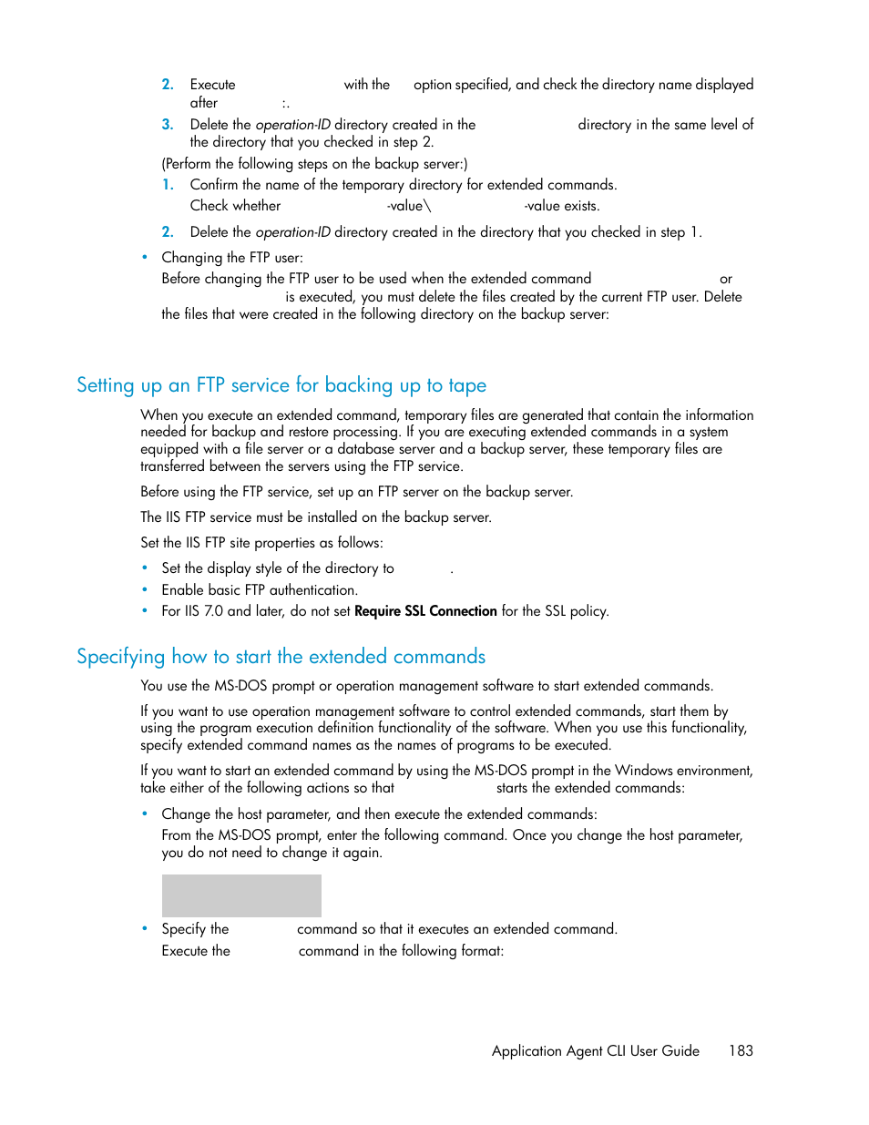 Setting up an ftp service for backing up to tape, Specifying how to start the extended commands, 183 specifying how to start the extended commands | Setting up an ftp ser- vice for backing up to tape | HP XP Array Manager Software User Manual | Page 183 / 564