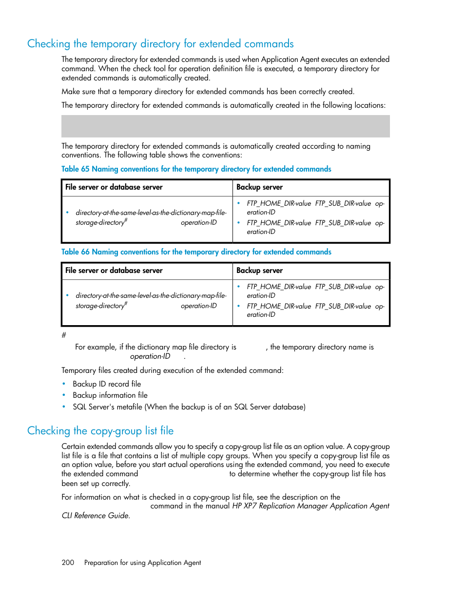 Checking the copy-group list file, 200 checking the copy-group list file, Checking the temporary directory for | Extended commands, Checking the copy- group list file | HP XP Array Manager Software User Manual | Page 200 / 564