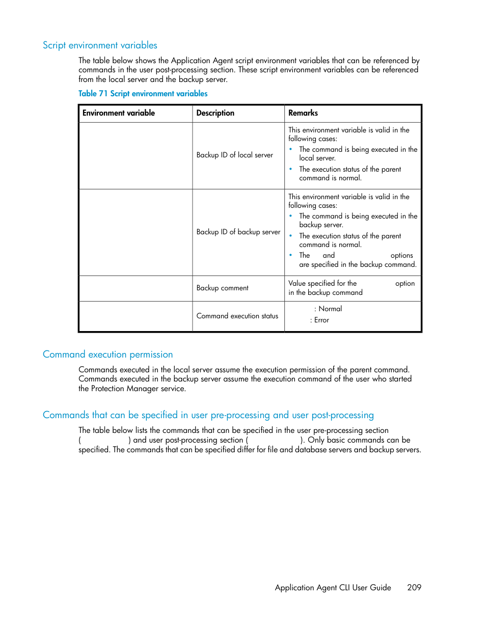 Script environment variables, Command execution permission, 209 command execution permission | Commands that can be specified in, User pre-processing and user post-processing | HP XP Array Manager Software User Manual | Page 209 / 564