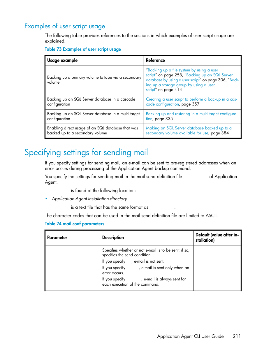 Examples of user script usage, Specifying settings for sending mail, Mail.conf parameters | Specifying set- tings for send- ing mail | HP XP Array Manager Software User Manual | Page 211 / 564