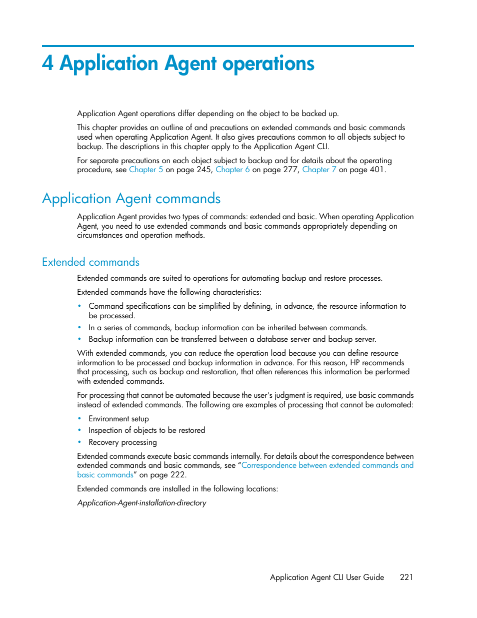4 application agent operations, Application agent commands, Extended commands | HP XP Array Manager Software User Manual | Page 221 / 564