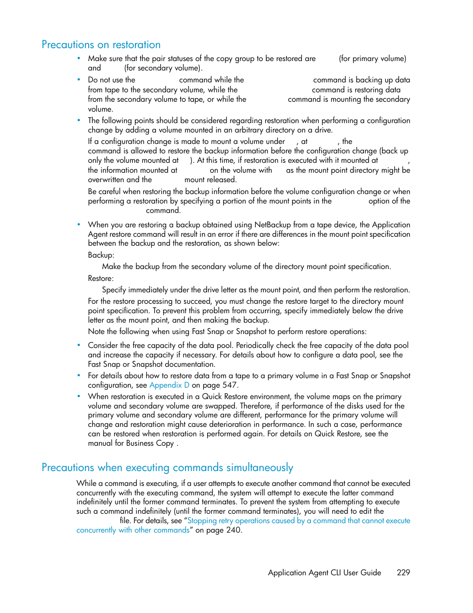 Precautions on restoration, Precautions when executing commands simultaneously | HP XP Array Manager Software User Manual | Page 229 / 564