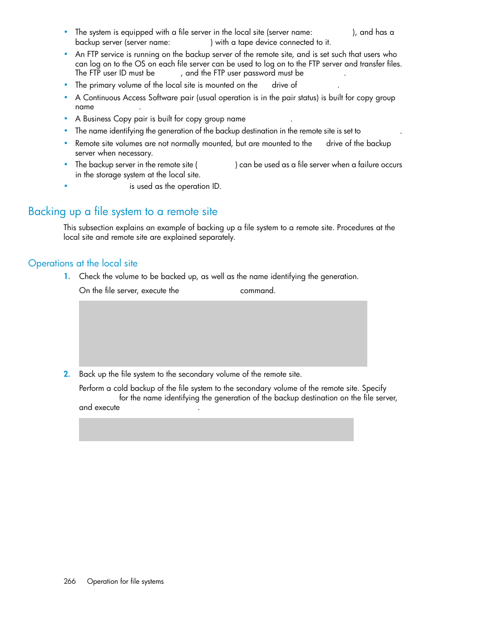 Backing up a file system to a remote site, Operations at the local site | HP XP Array Manager Software User Manual | Page 266 / 564