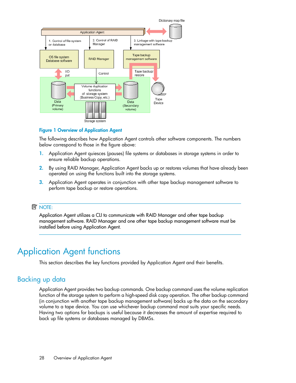 Application agent functions, Backing up data, Overview of application agent | HP XP Array Manager Software User Manual | Page 28 / 564