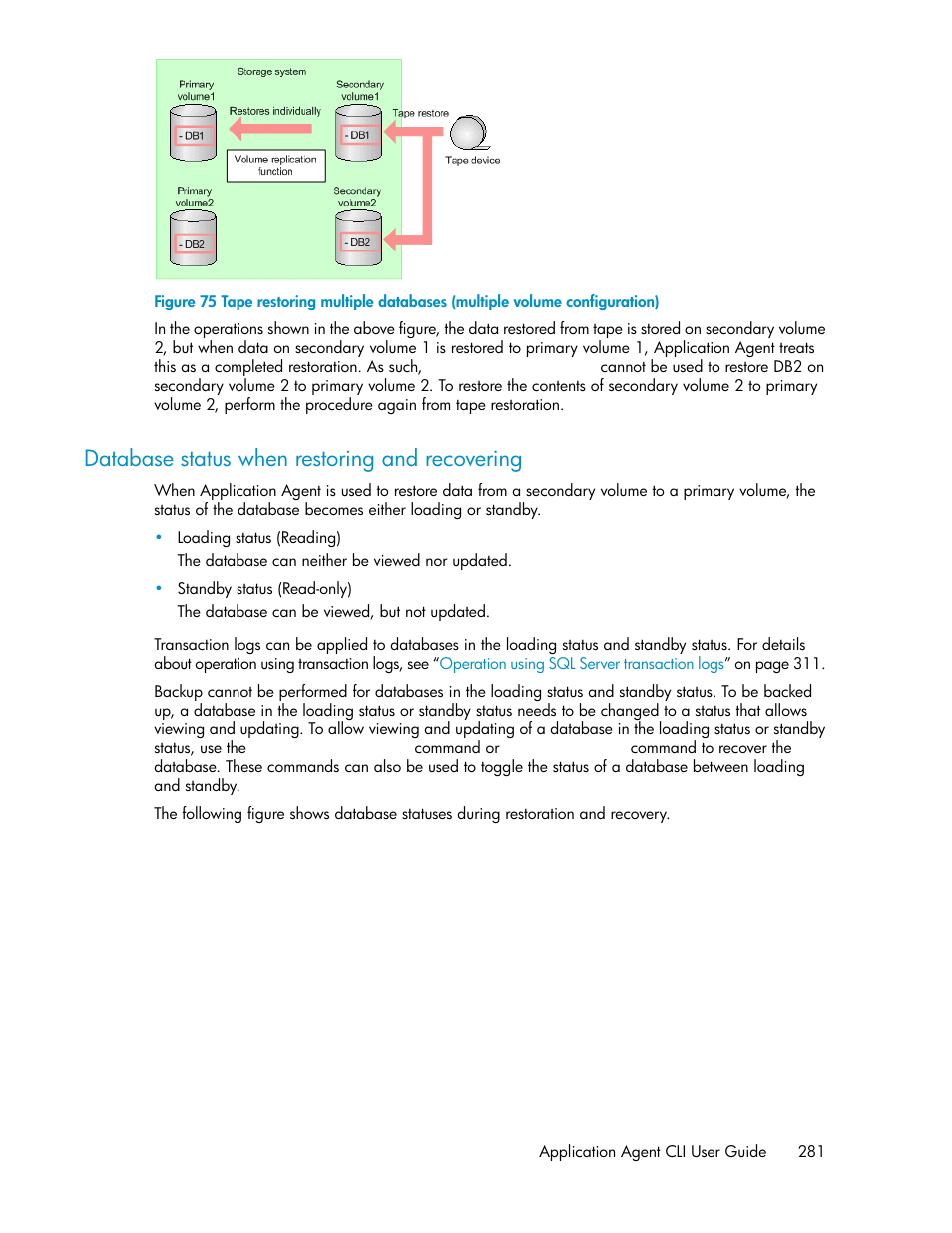 Database status when restoring and recovering | HP XP Array Manager Software User Manual | Page 281 / 564