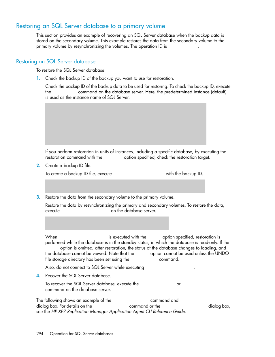 Restoring an sql server database | HP XP Array Manager Software User Manual | Page 294 / 564