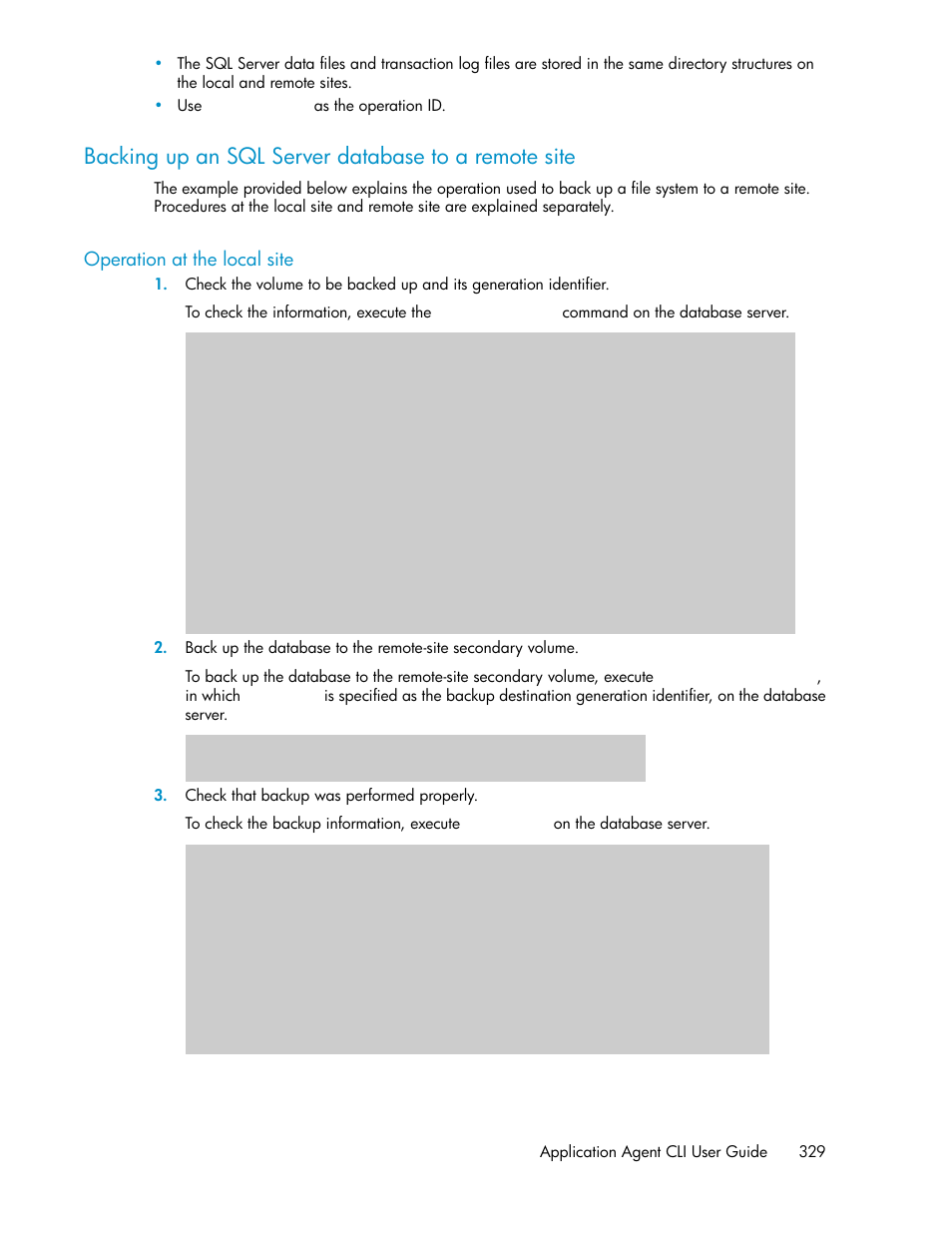 Backing up an sql server database to a remote site, Operation at the local site | HP XP Array Manager Software User Manual | Page 329 / 564