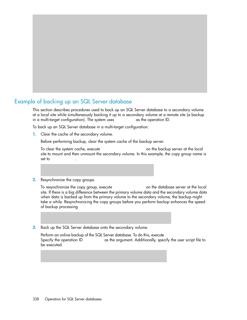 Example of backing up an sql server database | HP XP Array Manager Software User Manual | Page 338 / 564