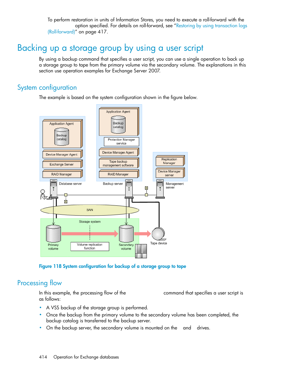 Backing up a storage group by using a user script, System configuration, Processing flow | 414 processing flow, Back, Ing up a storage group by using a user script | HP XP Array Manager Software User Manual | Page 414 / 564