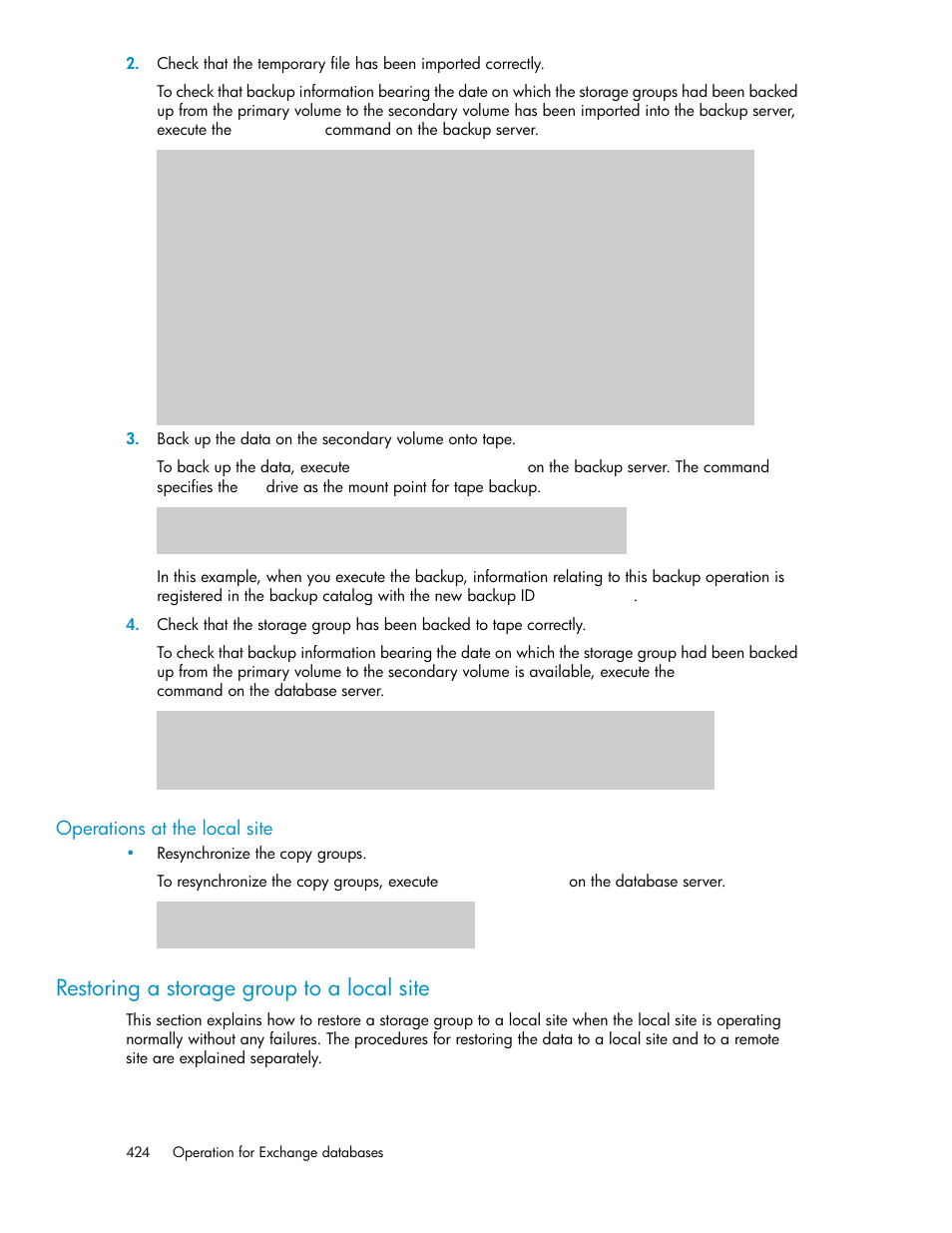 Operations at the local site, Restoring a storage group to a local site | HP XP Array Manager Software User Manual | Page 424 / 564