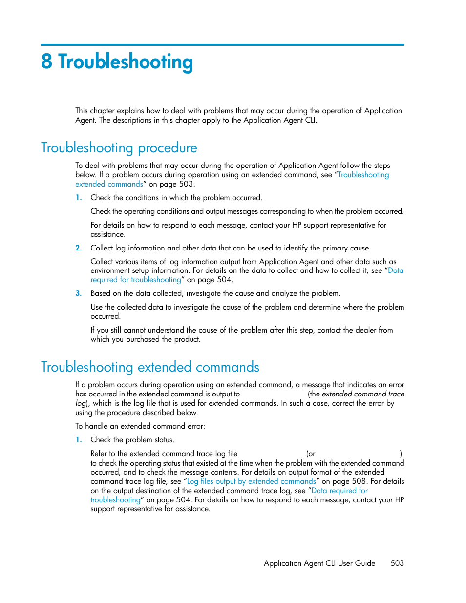 8 troubleshooting, Troubleshooting procedure, Troubleshooting extended commands | 503 troubleshooting extended commands | HP XP Array Manager Software User Manual | Page 503 / 564