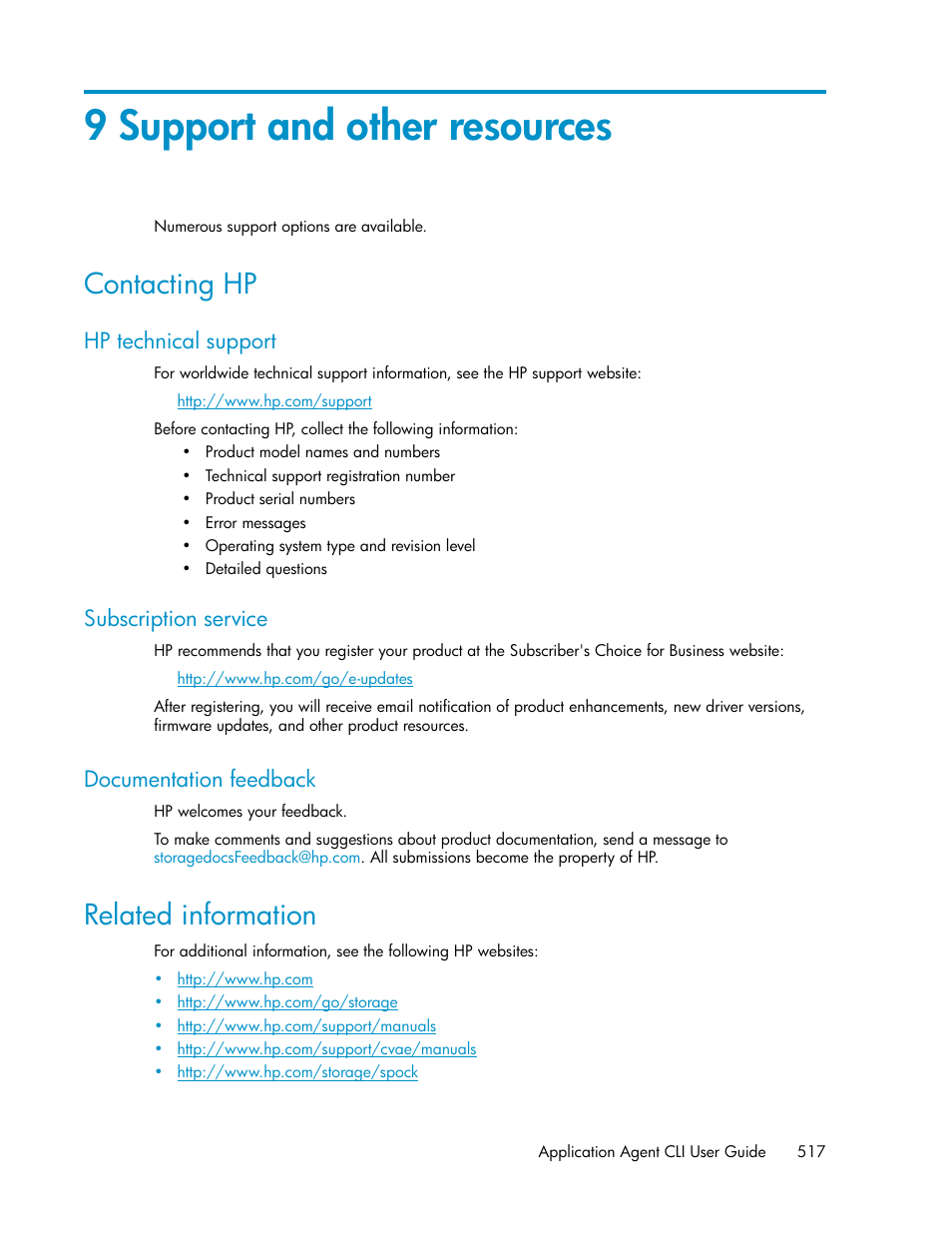 9 support and other resources, Contacting hp, Hp technical support | Subscription service, Documentation feedback, Related information, 517 subscription service, 517 documentation feedback | HP XP Array Manager Software User Manual | Page 517 / 564