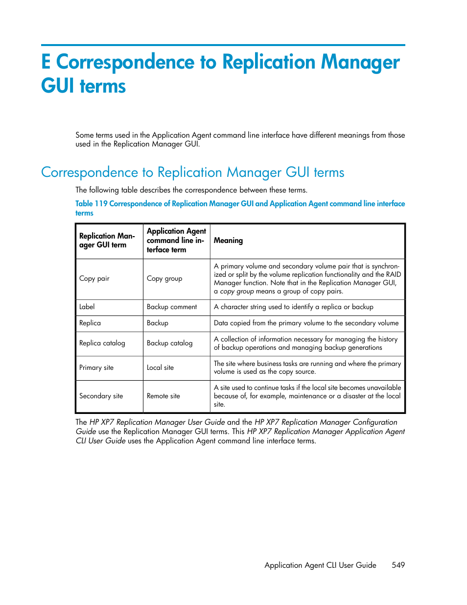 E correspondence to replication manager gui terms, Correspondence to replication manager gui terms | HP XP Array Manager Software User Manual | Page 549 / 564