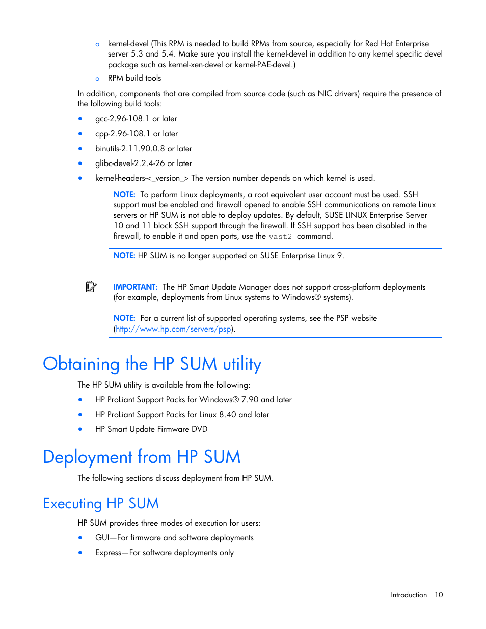 Obtaining the hp sum utility, Deployment from hp sum, Executing hp sum | HP ProLiant Support Pack User Manual | Page 10 / 109