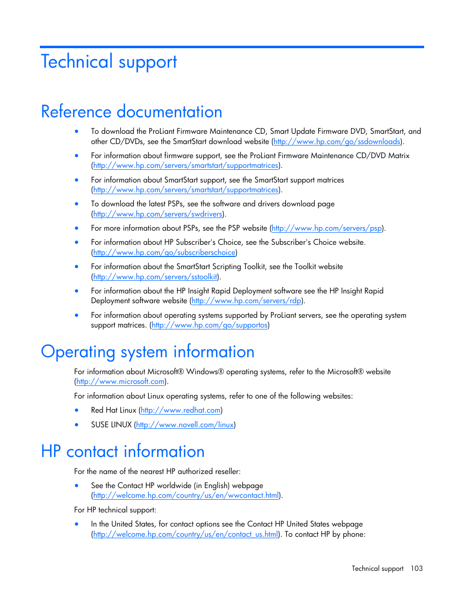 Technical support, Reference documentation, Operating system information | Hp contact information | HP ProLiant Support Pack User Manual | Page 103 / 109