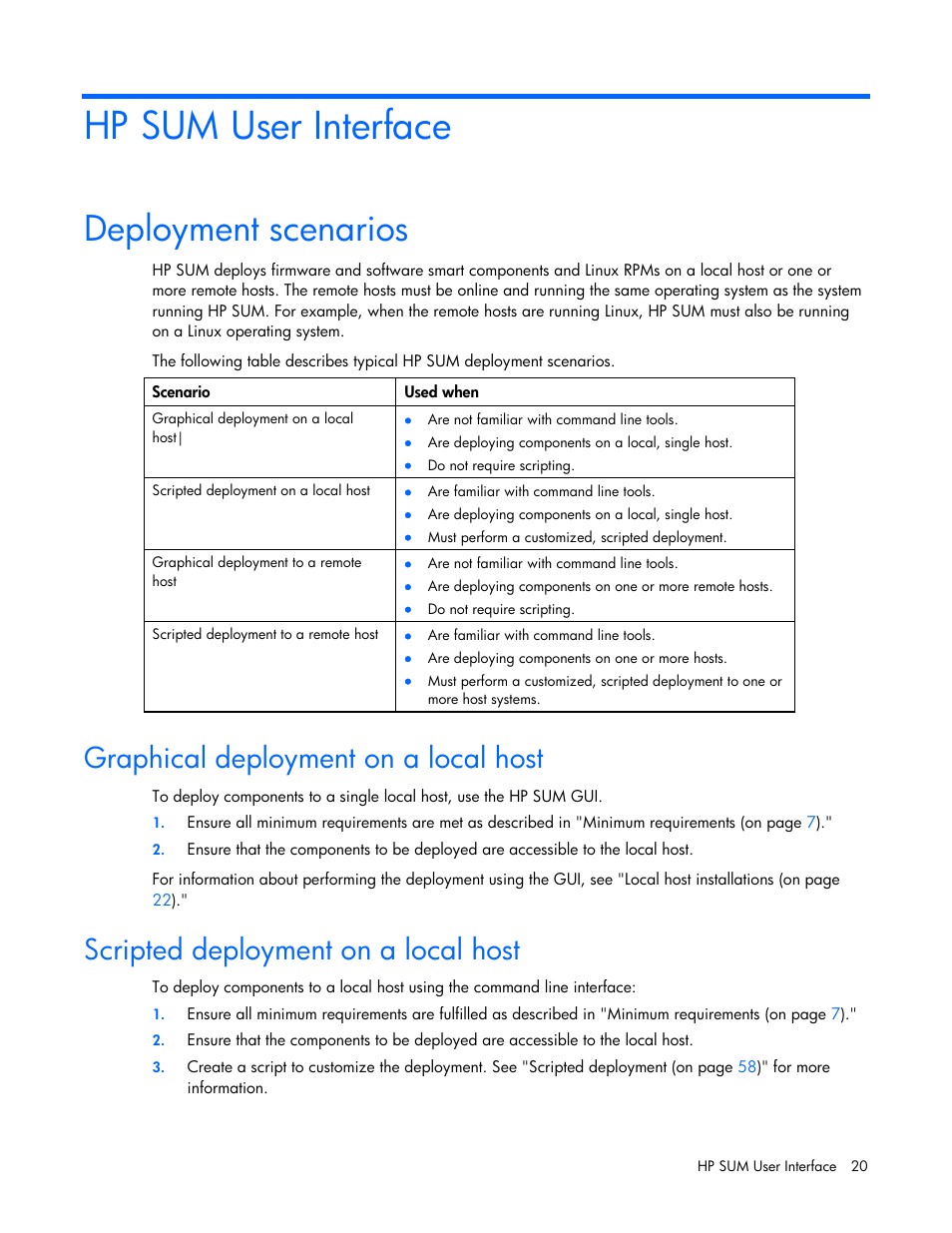 Hp sum user interface, Deployment scenarios, Graphical deployment on a local host | Scripted deployment on a local host | HP ProLiant Support Pack User Manual | Page 20 / 109