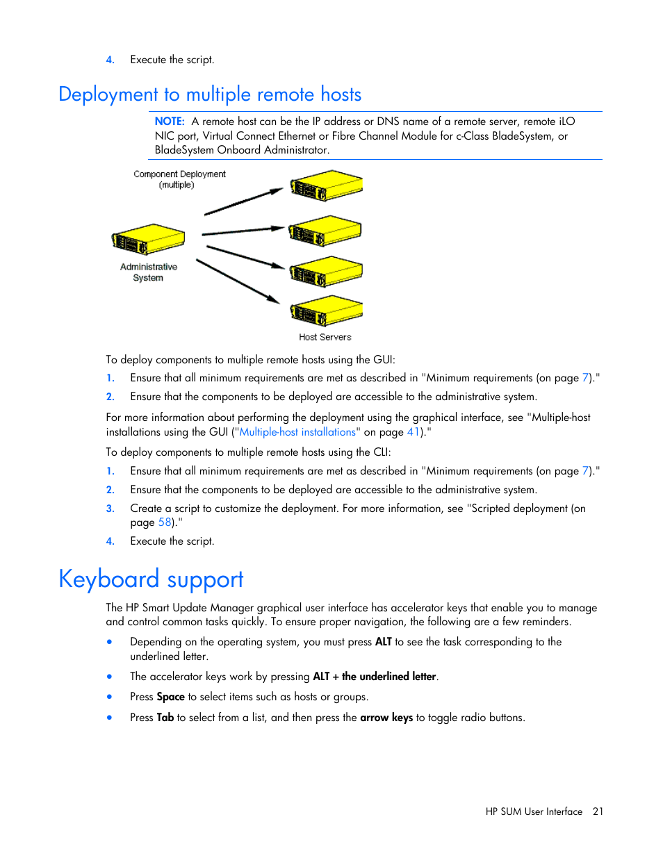 Deployment to multiple remote hosts, Keyboard support | HP ProLiant Support Pack User Manual | Page 21 / 109