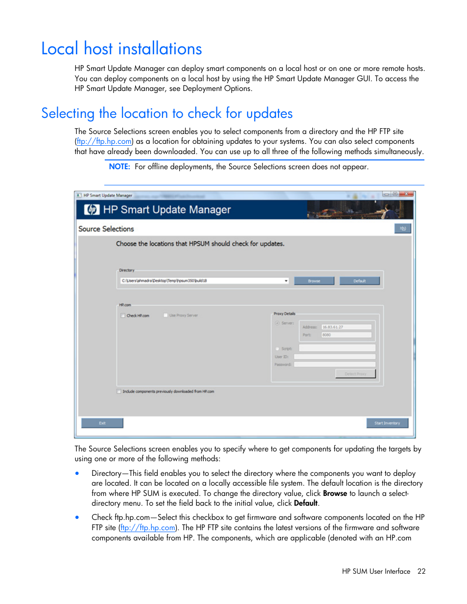 Local host installations, Selecting the location to check for updates | HP ProLiant Support Pack User Manual | Page 22 / 109