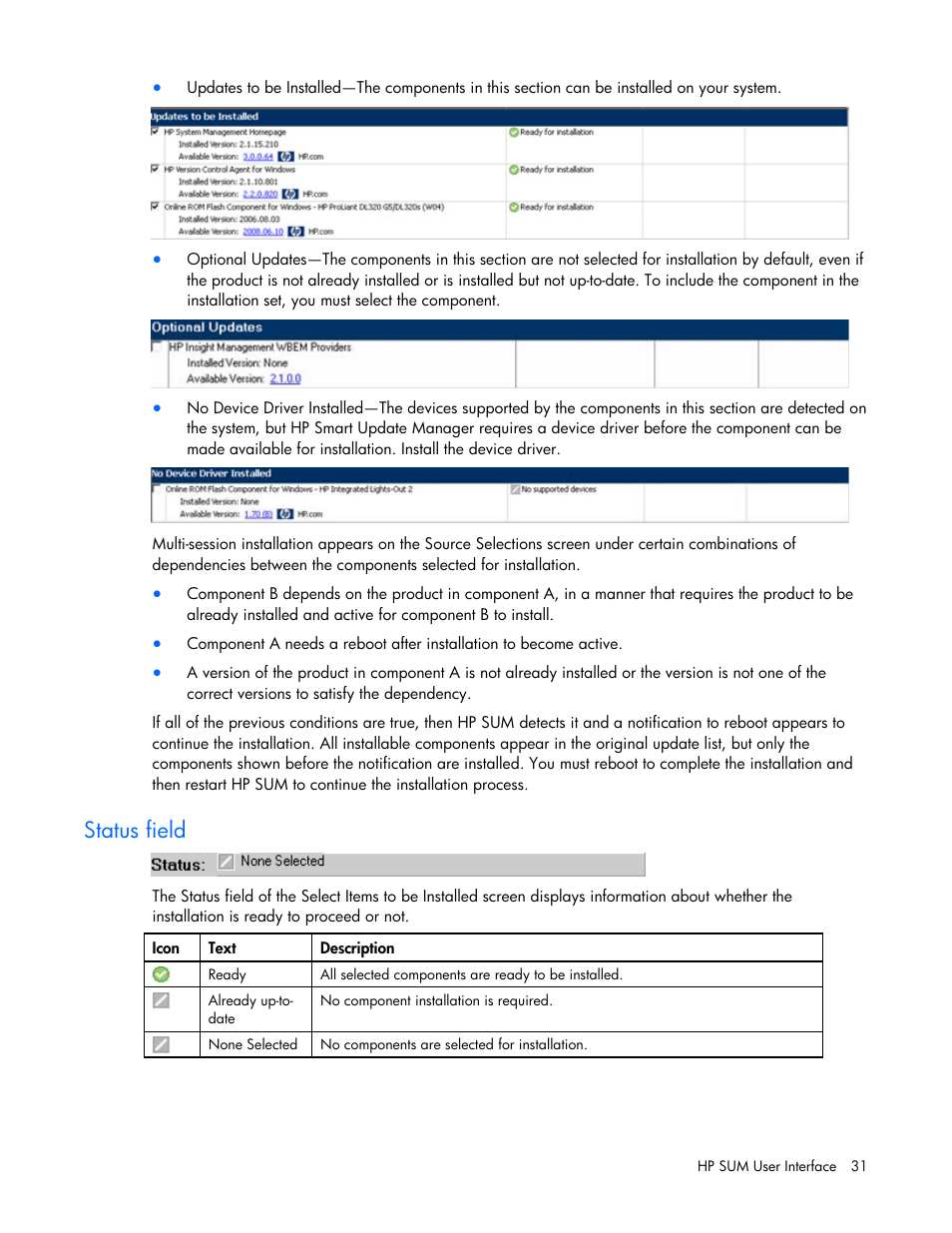 Status field | HP ProLiant Support Pack User Manual | Page 31 / 109