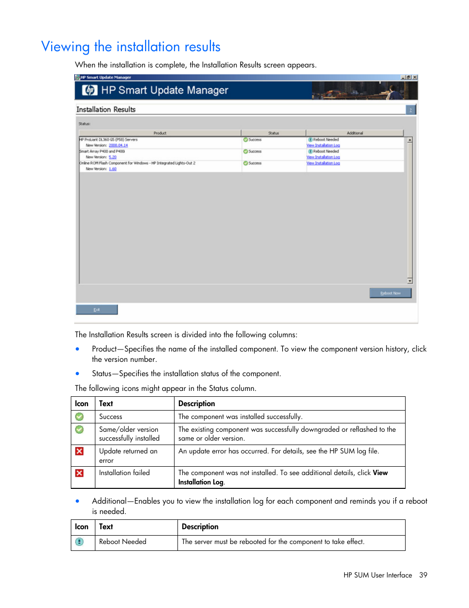 Viewing the installation results | HP ProLiant Support Pack User Manual | Page 39 / 109