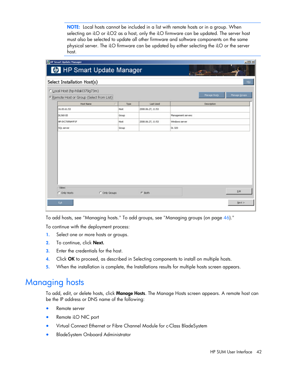 Managing hosts | HP ProLiant Support Pack User Manual | Page 42 / 109