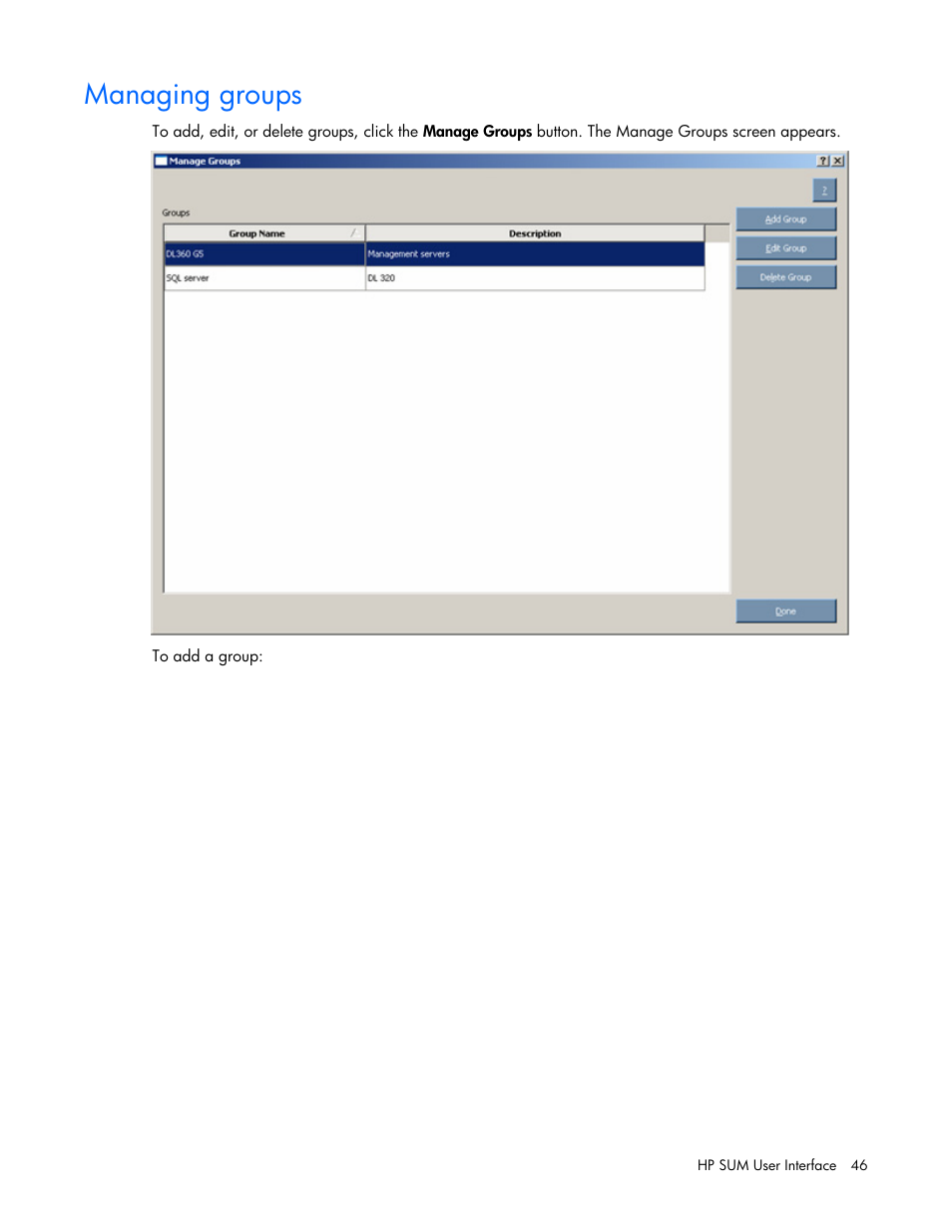 Managing groups | HP ProLiant Support Pack User Manual | Page 46 / 109