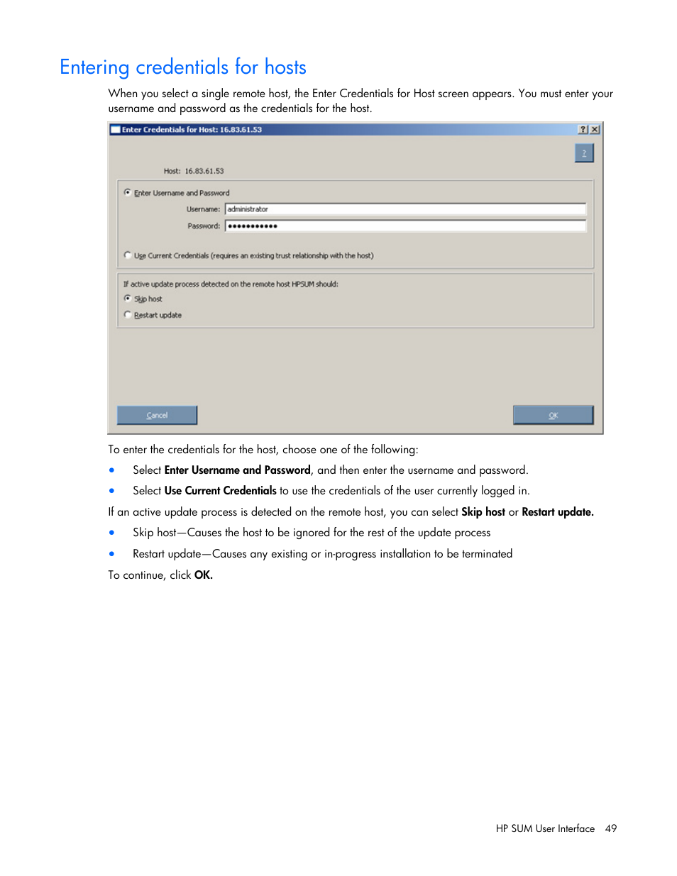 Entering credentials for hosts | HP ProLiant Support Pack User Manual | Page 49 / 109