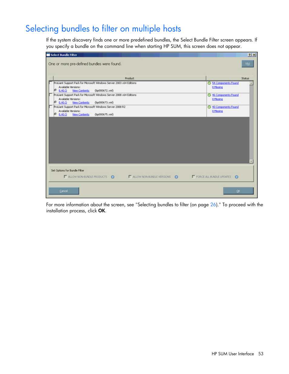 Selecting bundles to filter on multiple hosts | HP ProLiant Support Pack User Manual | Page 53 / 109