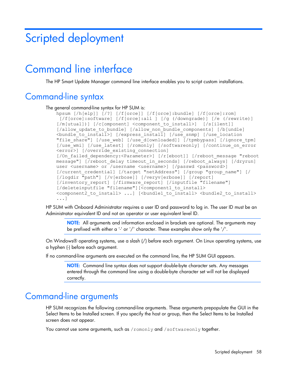 Scripted deployment, Command line interface, Command-line syntax | Command-line arguments, Command-line syntax command-line arguments | HP ProLiant Support Pack User Manual | Page 58 / 109