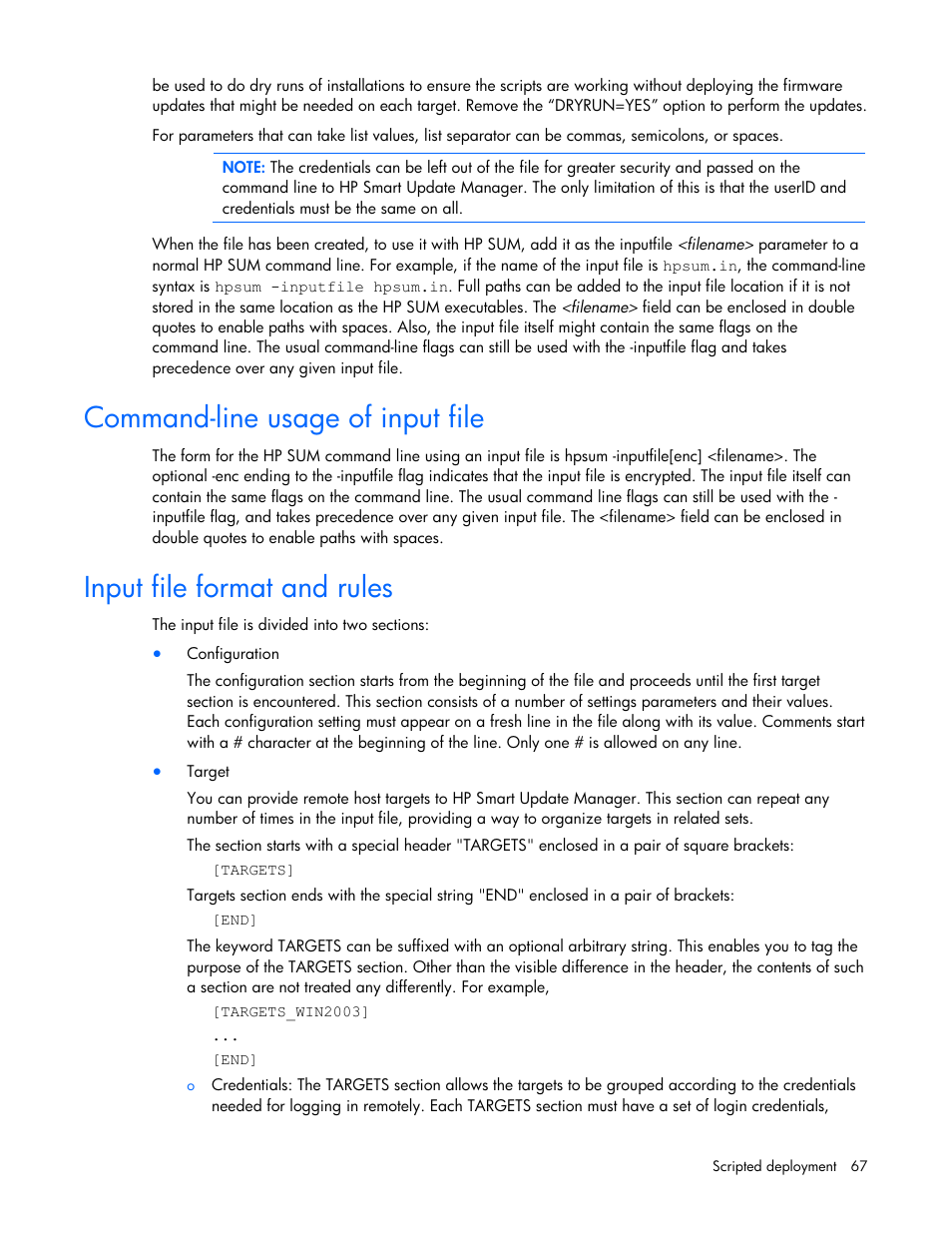 Command-line usage of input file, Input file format and rules | HP ProLiant Support Pack User Manual | Page 67 / 109