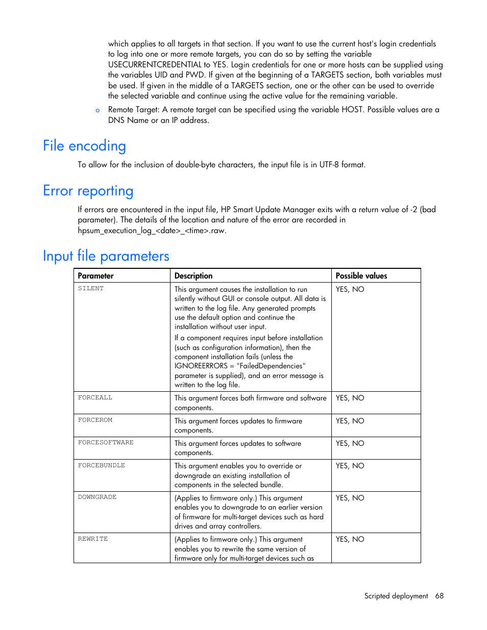 File encoding, Error reporting, Input file parameters | HP ProLiant Support Pack User Manual | Page 68 / 109