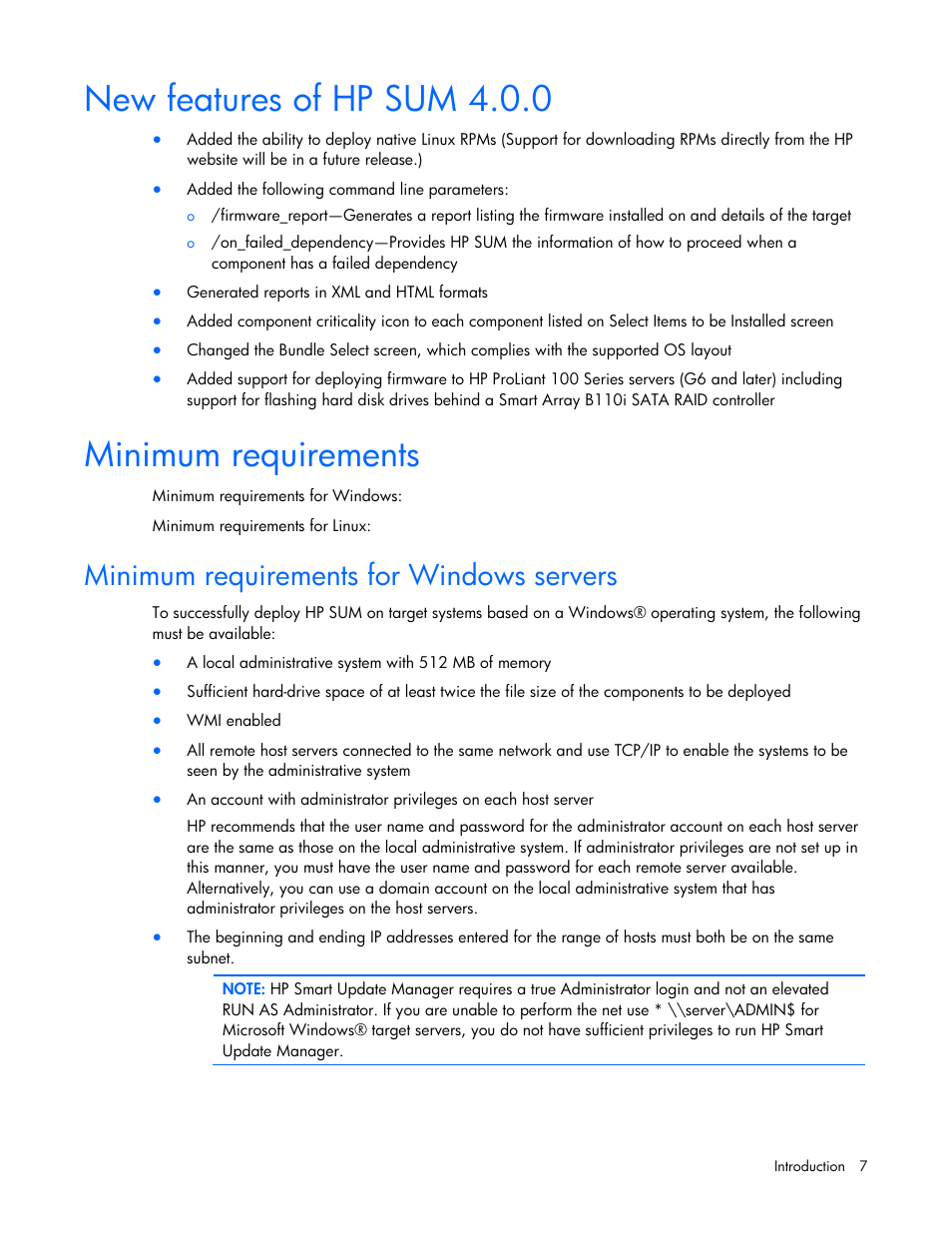 New features of hp sum 4.0.0, Minimum requirements, Minimum requirements for windows servers | New features of hp sum 4.0.0 minimum requirements | HP ProLiant Support Pack User Manual | Page 7 / 109