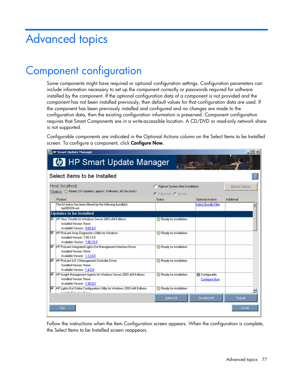 Advanced topics, Component configuration | HP ProLiant Support Pack User Manual | Page 77 / 109