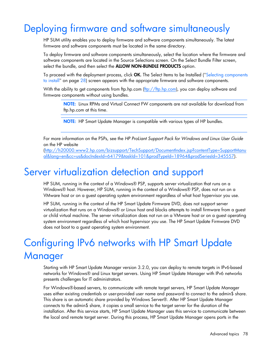 Deploying firmware and software simultaneously, Server virtualization detection and support | HP ProLiant Support Pack User Manual | Page 78 / 109