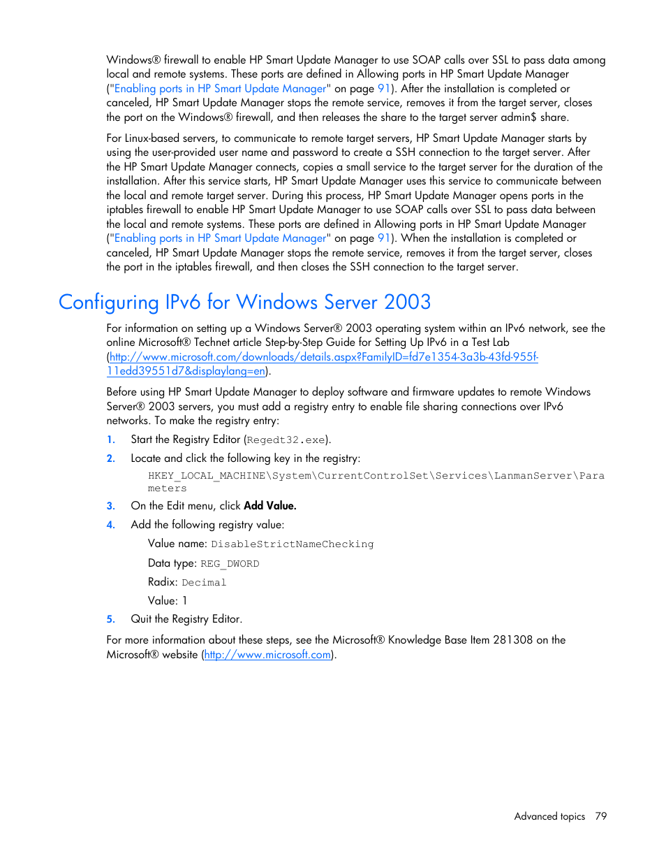 Configuring ipv6 for windows server 2003 | HP ProLiant Support Pack User Manual | Page 79 / 109