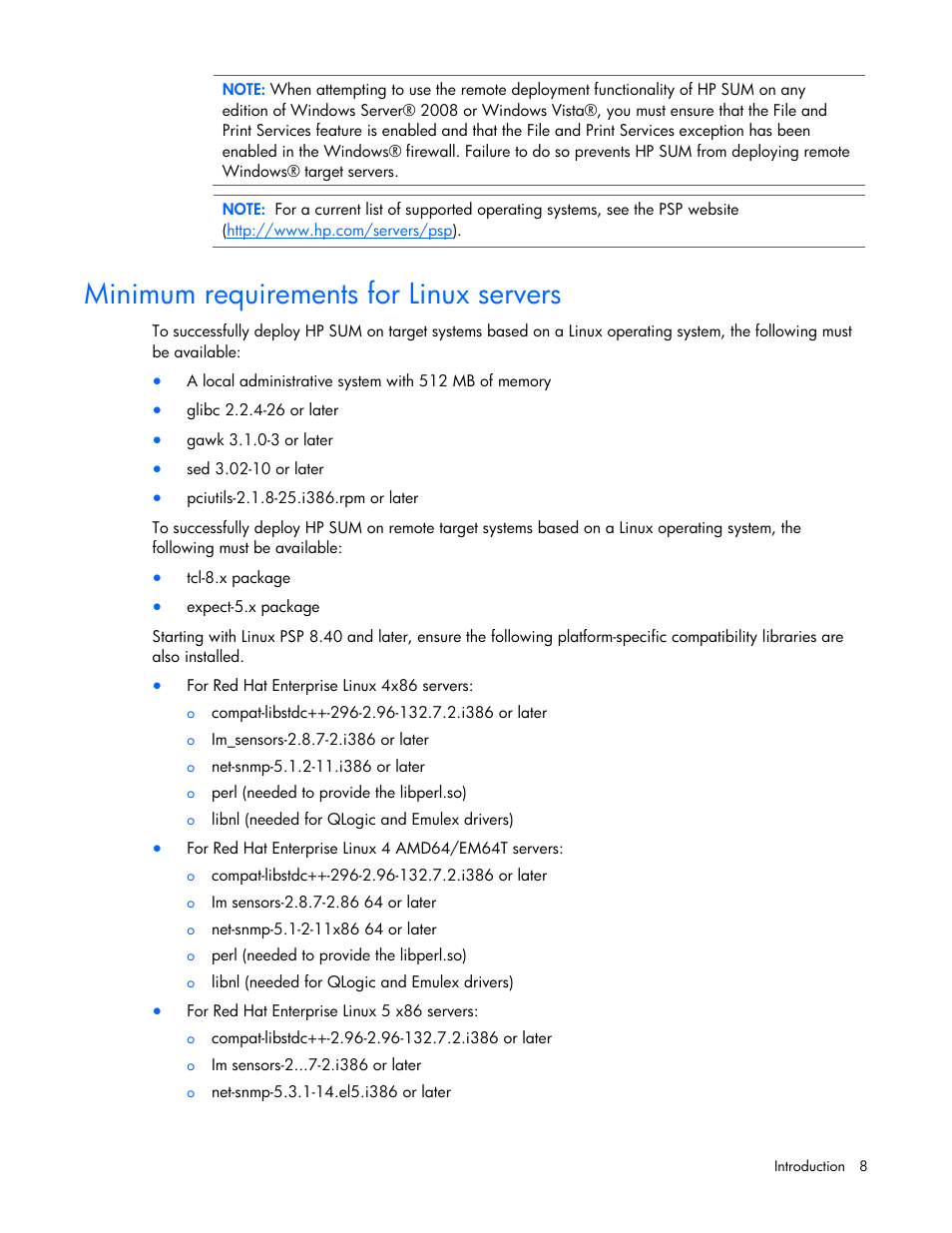 Minimum requirements for linux servers | HP ProLiant Support Pack User Manual | Page 8 / 109