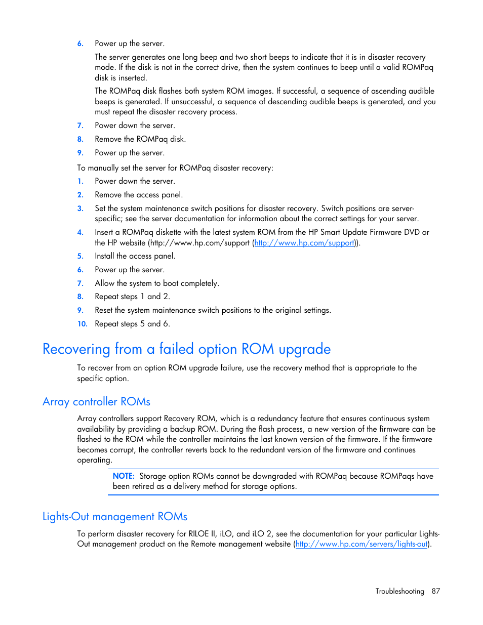 Recovering from a failed option rom upgrade, Array controller roms, Lights-out management roms | HP ProLiant Support Pack User Manual | Page 87 / 109