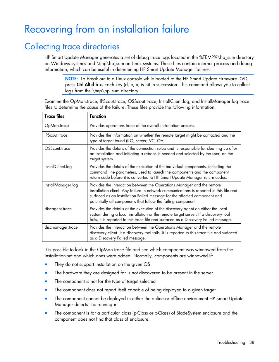 Recovering from an installation failure, Collecting trace directories | HP ProLiant Support Pack User Manual | Page 88 / 109