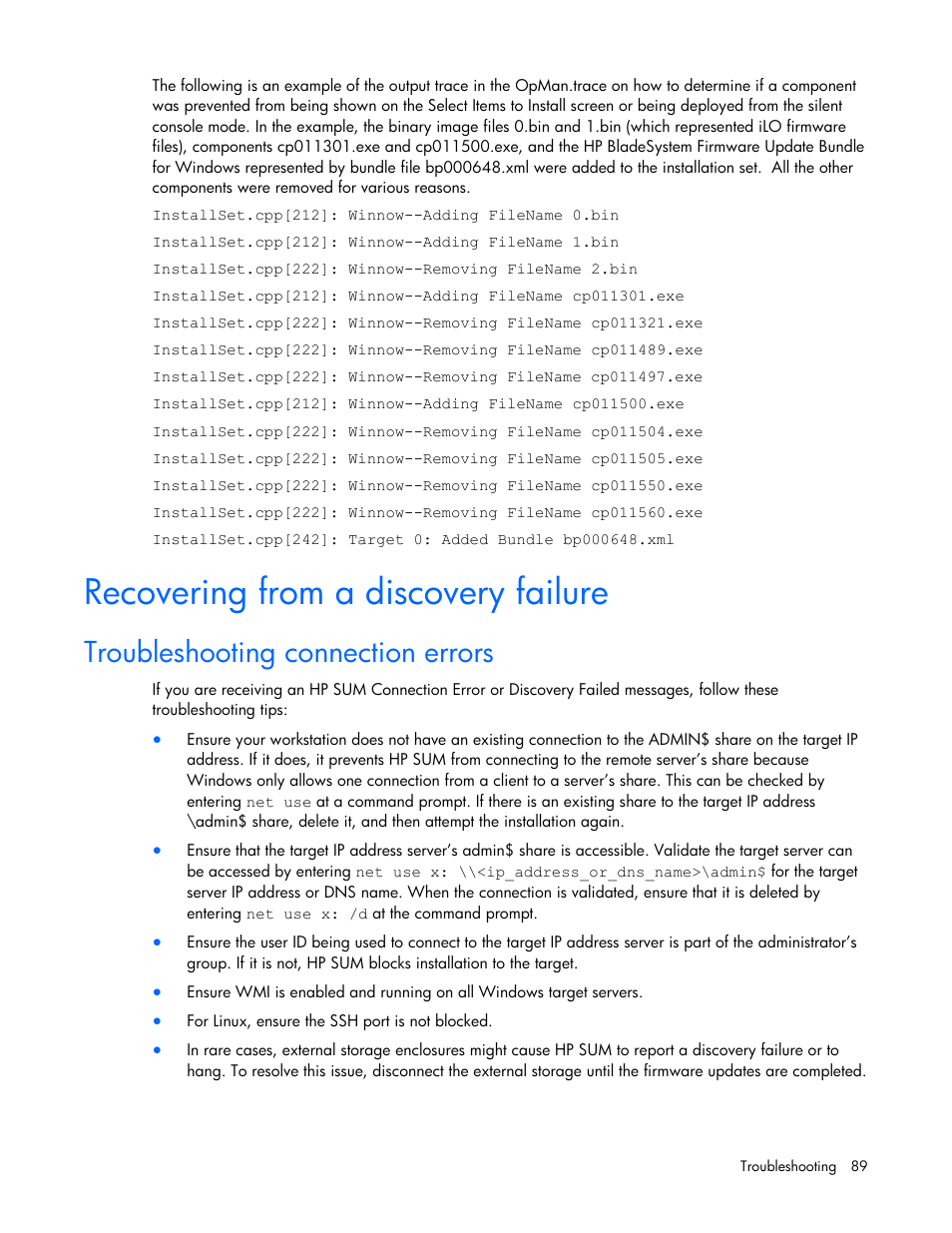 Recovering from a discovery failure, Troubleshooting connection errors | HP ProLiant Support Pack User Manual | Page 89 / 109