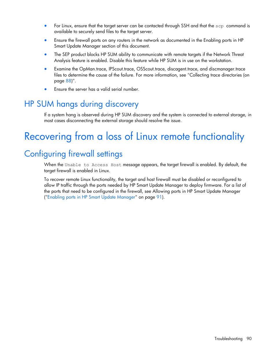 Hp sum hangs during discovery, Configuring firewall settings | HP ProLiant Support Pack User Manual | Page 90 / 109