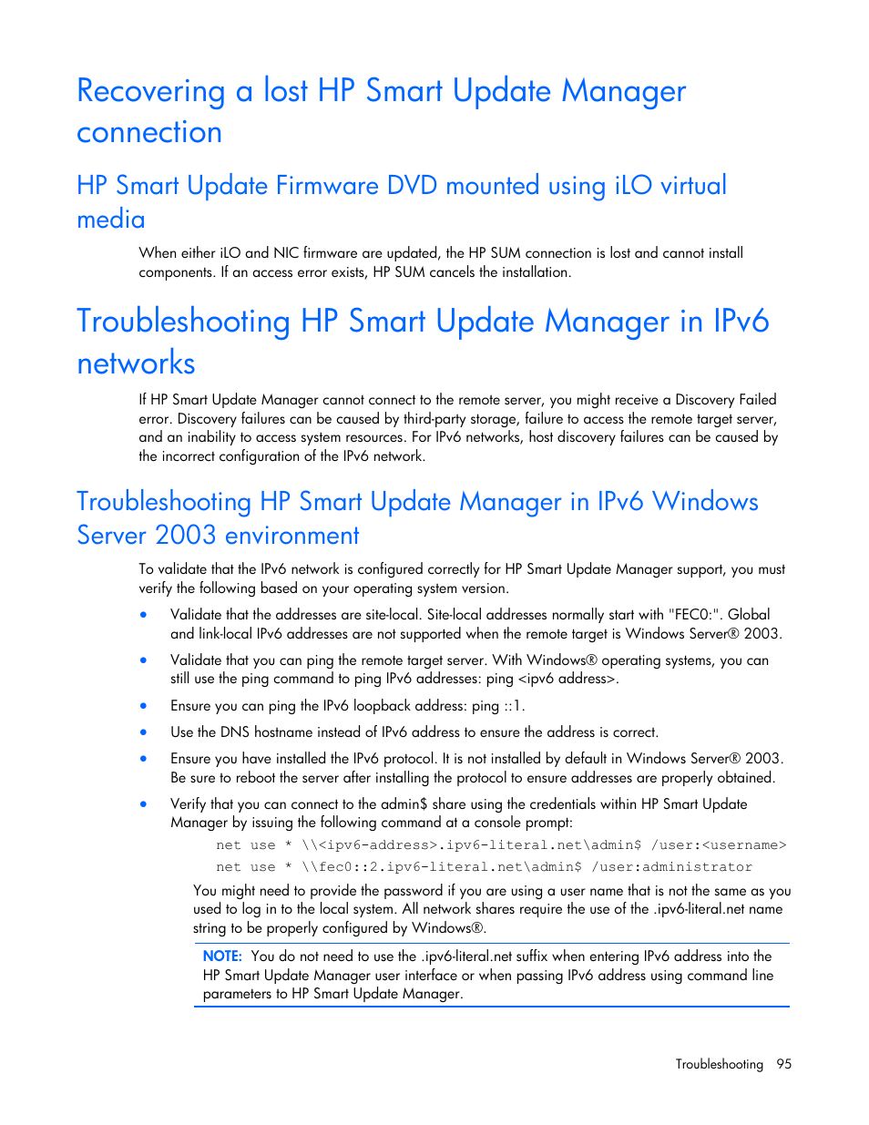 Troubleshooting hp, Smart update manager in ipv6 networks, Troubleshooting hp smart | Update manager in ipv6 networks | HP ProLiant Support Pack User Manual | Page 95 / 109